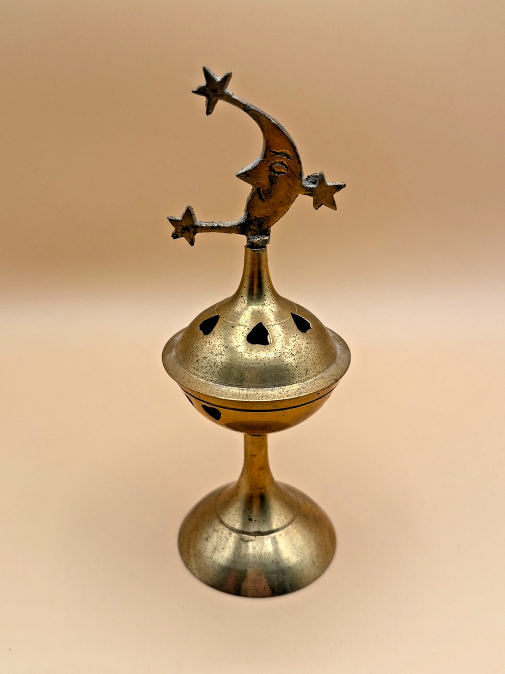 🌙 Vintage Brass Incense Burner Censer Moon & Stars Lid Heart Cutouts 6.75"